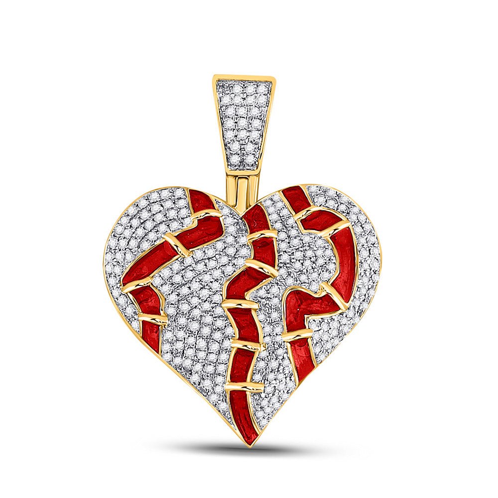 Men's Diamond Charm Pendant | 10kt Yellow Gold Mens Round Diamond Broken Stitched Heart Charm Pendant 3/4 Cttw | Splendid Jewellery GND