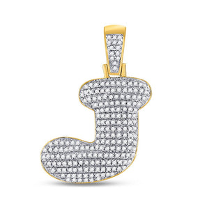 Men's Diamond Charm Pendant | 10kt Yellow Gold Mens Round Diamond Bubble J Letter Charm Pendant 5/8 Cttw | Splendid Jewellery GND