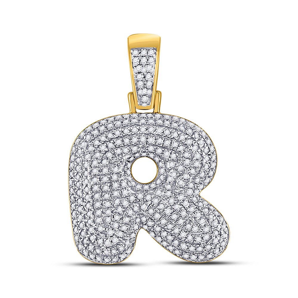 Men's Diamond Charm Pendant | 10kt Yellow Gold Mens Round Diamond Bubble R Letter Charm Pendant 7/8 Cttw | Splendid Jewellery GND