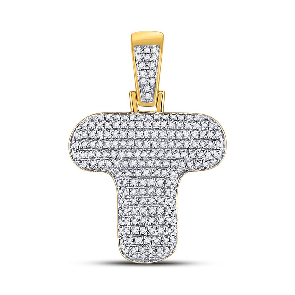 Men's Diamond Charm Pendant | 10kt Yellow Gold Mens Round Diamond Bubble T Letter Charm Pendant 1/2 Cttw | Splendid Jewellery GND