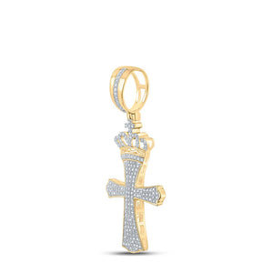 Men's Diamond Charm Pendant | 10kt Yellow Gold Mens Round Diamond Crown King Cross Charm Pendant 1/2 Cttw | Splendid Jewellery GND