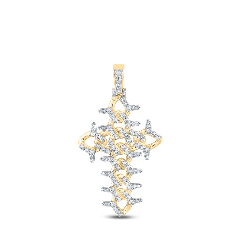 Men's Diamond Charm Pendant | 10kt Yellow Gold Mens Round Diamond Cuban Link Cross Charm Pendant 1-1/2 Cttw | Splendid Jewellery GND