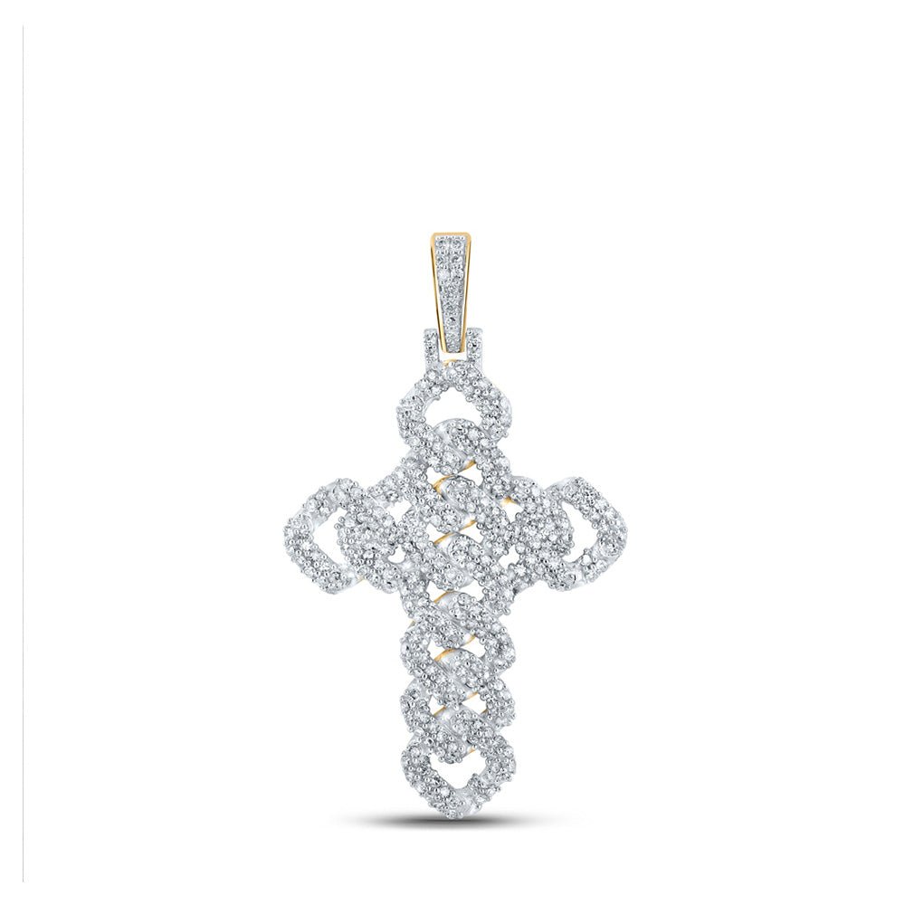 Men's Diamond Charm Pendant | 10kt Yellow Gold Mens Round Diamond Cuban Link Cross Charm Pendant 1-3/4 Cttw | Splendid Jewellery GND