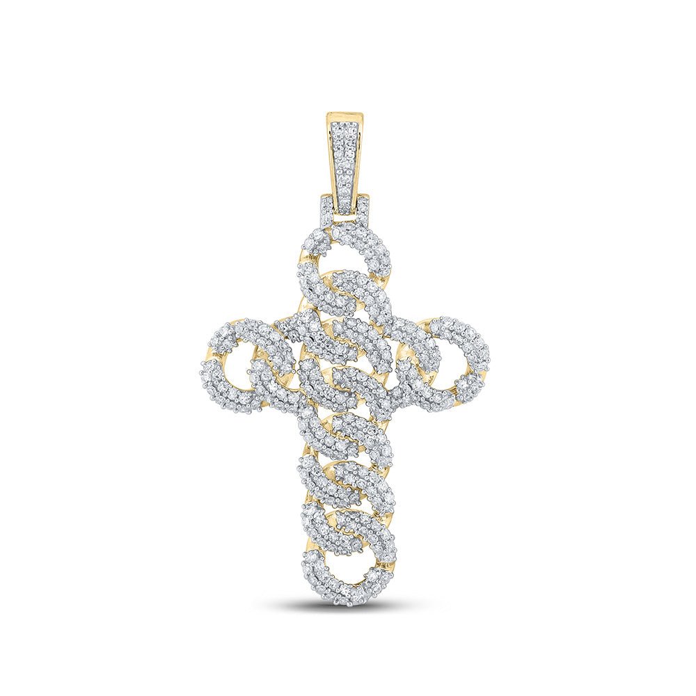 Men's Diamond Charm Pendant | 10kt Yellow Gold Mens Round Diamond Cuban Link Cross Charm Pendant 1-7/8 Cttw | Splendid Jewellery GND