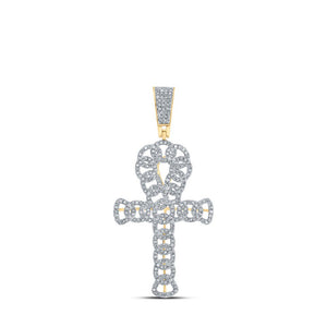 Men's Diamond Charm Pendant | 10kt Yellow Gold Mens Round Diamond Curb Ankh Cross Charm Pendant 3/4 Cttw | Splendid Jewellery GND