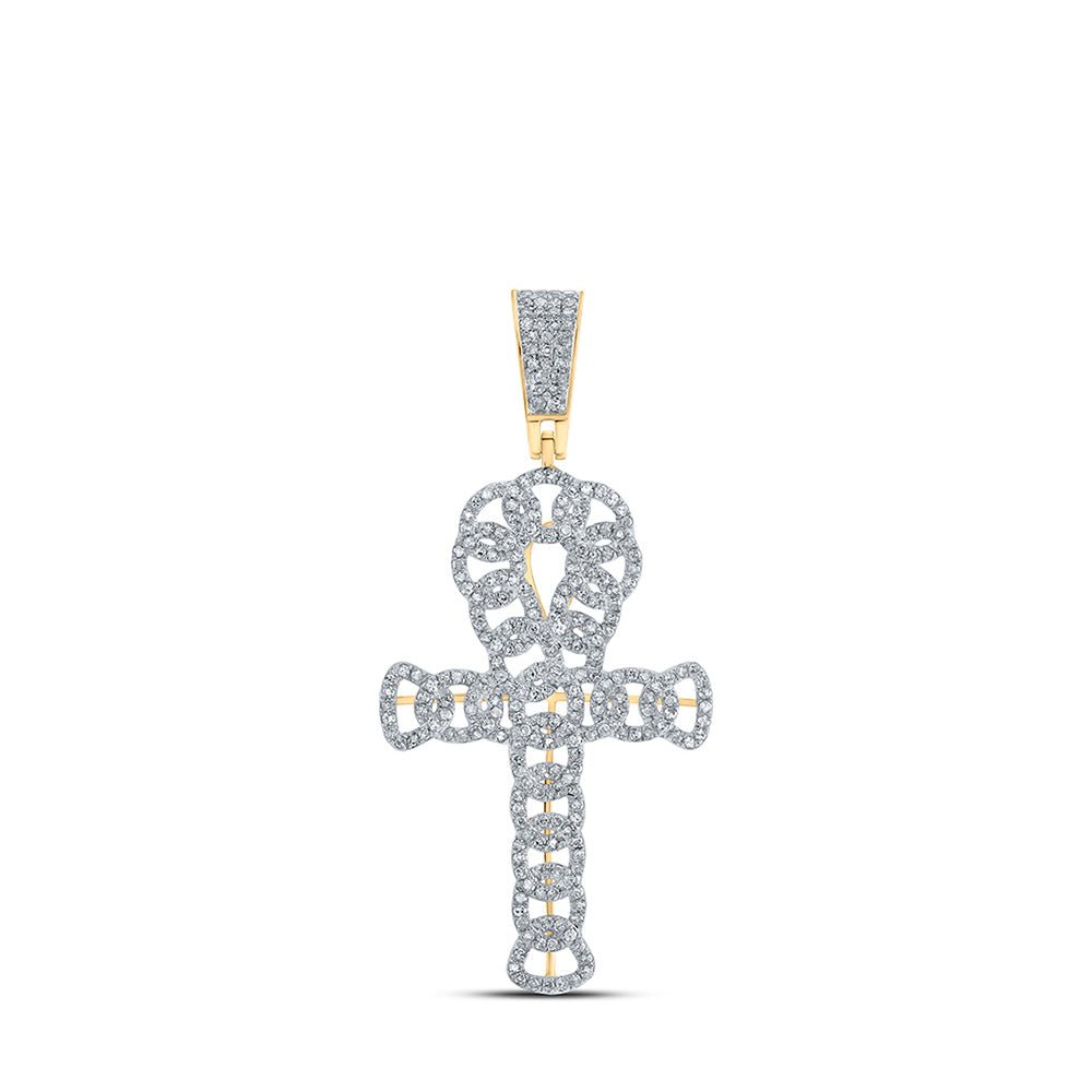 Men's Diamond Charm Pendant | 10kt Yellow Gold Mens Round Diamond Curb Ankh Cross Charm Pendant 3/4 Cttw | Splendid Jewellery GND