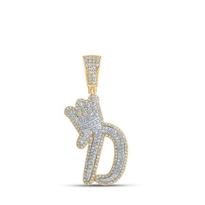 Men's Diamond Charm Pendant | 10kt Yellow Gold Mens Round Diamond D Crown Letter Charm Pendant 1-1/5 Cttw | Splendid Jewellery GND