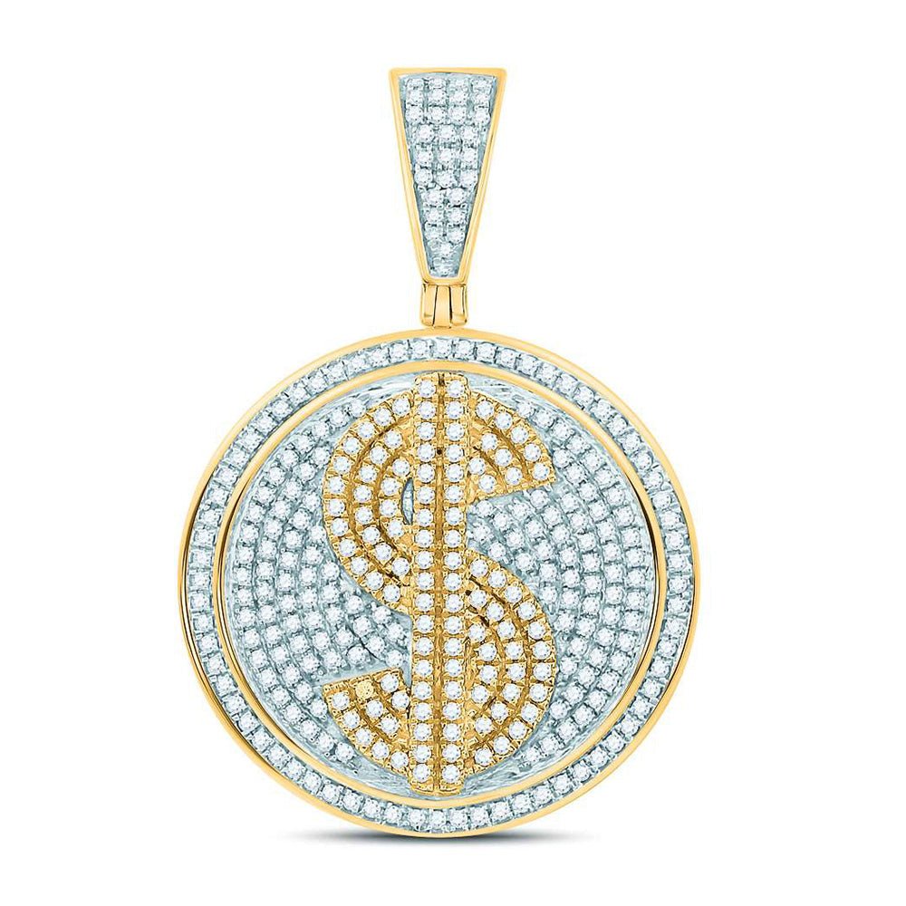 Men's Diamond Charm Pendant | 10kt Yellow Gold Mens Round Diamond Dollar Sign Circle Charm Pendant 1 Cttw | Splendid Jewellery GND