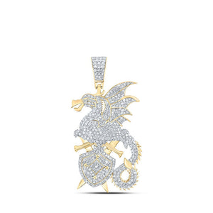 Men's Diamond Charm Pendant | 10kt Yellow Gold Mens Round Diamond Dragon Sword Shield Charm Pendant 1-5/8 Cttw | Splendid Jewellery GND