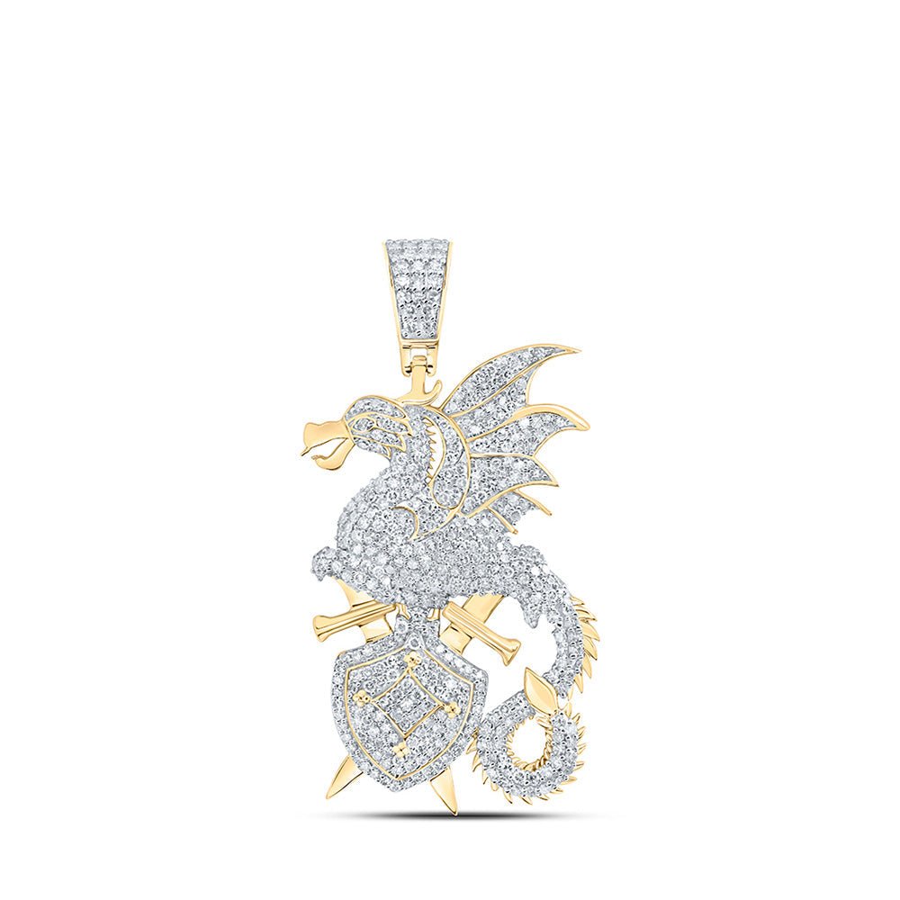 Men's Diamond Charm Pendant | 10kt Yellow Gold Mens Round Diamond Dragon Sword Shield Charm Pendant 1-5/8 Cttw | Splendid Jewellery GND