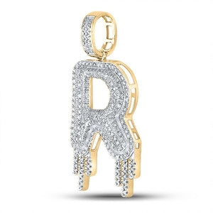 Men's Diamond Charm Pendant | 10kt Yellow Gold Mens Round Diamond Dripping R Letter Charm Pendant 3/4 Cttw | Splendid Jewellery GND