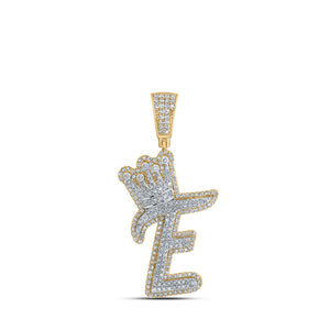 Men's Diamond Charm Pendant | 10kt Yellow Gold Mens Round Diamond E Crown Letter Charm Pendant 1-1/5 Cttw | Splendid Jewellery GND