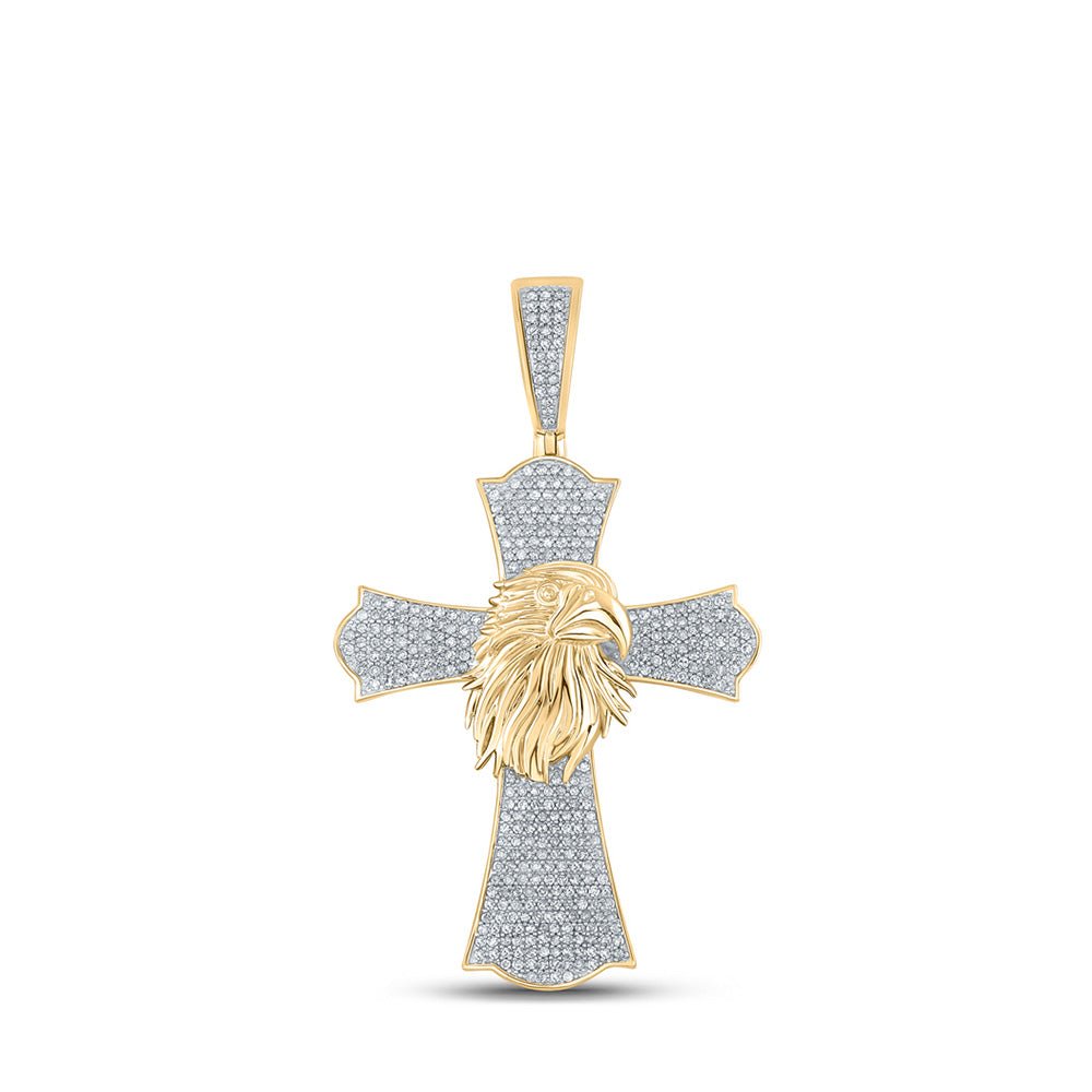 Men's Diamond Charm Pendant | 10kt Yellow Gold Mens Round Diamond Eagle Cross Charm Pendant 1 Cttw | Splendid Jewellery GND