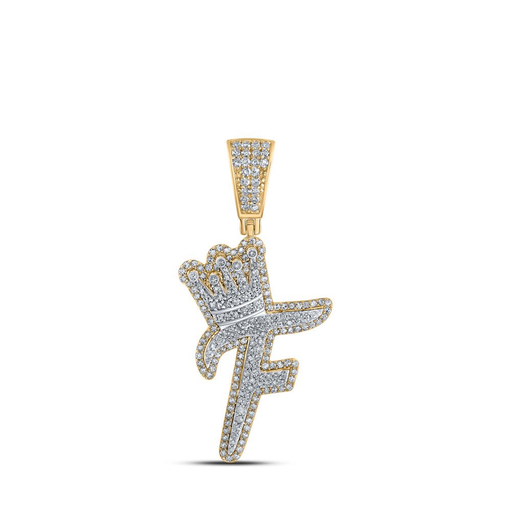 Men's Diamond Charm Pendant | 10kt Yellow Gold Mens Round Diamond F Crown Letter Charm Pendant 1 Cttw | Splendid Jewellery GND