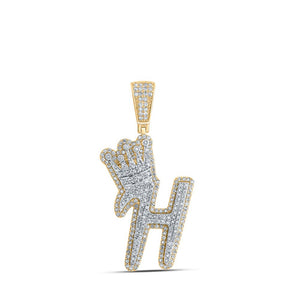 Men's Diamond Charm Pendant | 10kt Yellow Gold Mens Round Diamond H Crown Letter Charm Pendant 1-1/5 Cttw | Splendid Jewellery GND