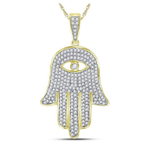 Men's Diamond Charm Pendant | 10kt Yellow Gold Mens Round Diamond Hamsa Hand Eye Fatima Charm Pendant 1 Cttw | Splendid Jewellery GND