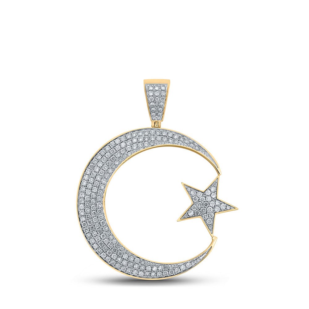 Men's Diamond Charm Pendant | 10kt Yellow Gold Mens Round Diamond Islam Crescent Moon Star Charm Pendant 1-7/8 Cttw | Splendid Jewellery GND