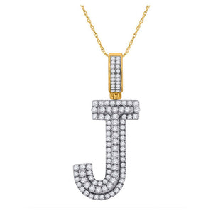 Men's Diamond Charm Pendant | 10kt Yellow Gold Mens Round Diamond J Initial Letter Charm Pendant 1-1/4 Cttw | Splendid Jewellery GND