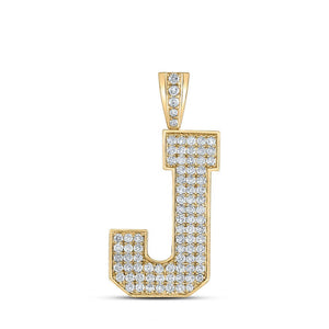 Men's Diamond Charm Pendant | 10kt Yellow Gold Mens Round Diamond J Initial Letter Charm Pendant 1-3/8 Cttw | Splendid Jewellery GND