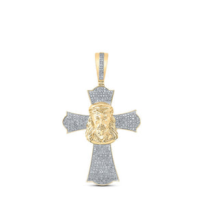 Men's Diamond Charm Pendant | 10kt Yellow Gold Mens Round Diamond Jesus Cross Charm Pendant 1 Cttw | Splendid Jewellery GND