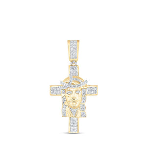 Men's Diamond Charm Pendant | 10kt Yellow Gold Mens Round Diamond Jesus Cross Charm Pendant 1 Cttw | Splendid Jewellery GND