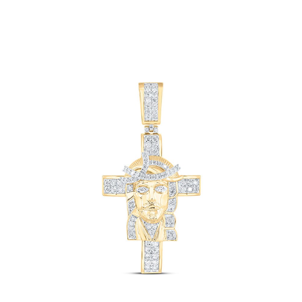 Men's Diamond Charm Pendant | 10kt Yellow Gold Mens Round Diamond Jesus Cross Charm Pendant 1 Cttw | Splendid Jewellery GND