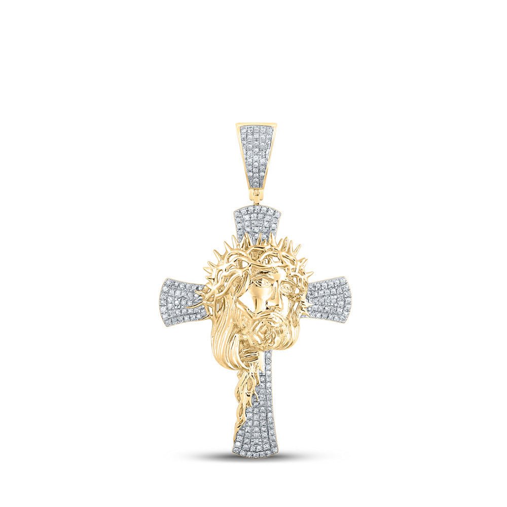 Men's Diamond Charm Pendant | 10kt Yellow Gold Mens Round Diamond Jesus Cross Charm Pendant 1/2 Cttw | Splendid Jewellery GND