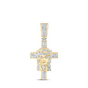 Men's Diamond Charm Pendant | 10kt Yellow Gold Mens Round Diamond Jesus Cross Charm Pendant 1/2 Cttw | Splendid Jewellery GND