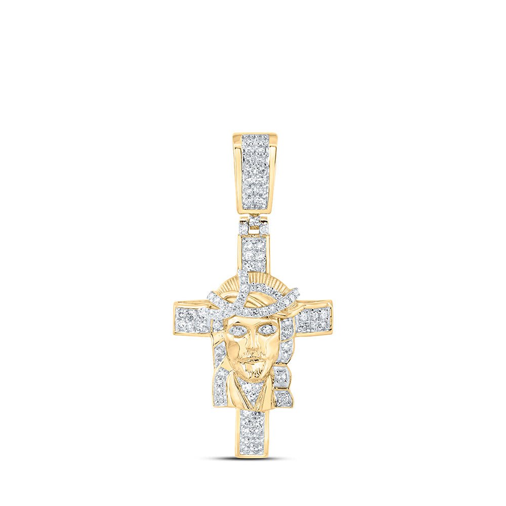 Men's Diamond Charm Pendant | 10kt Yellow Gold Mens Round Diamond Jesus Cross Charm Pendant 1/2 Cttw | Splendid Jewellery GND