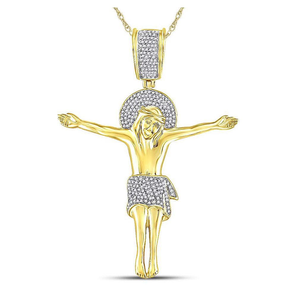 Men's Diamond Charm Pendant | 10kt Yellow Gold Mens Round Diamond Jesus Crucified Charm Pendant 1/2 Cttw | Splendid Jewellery GND