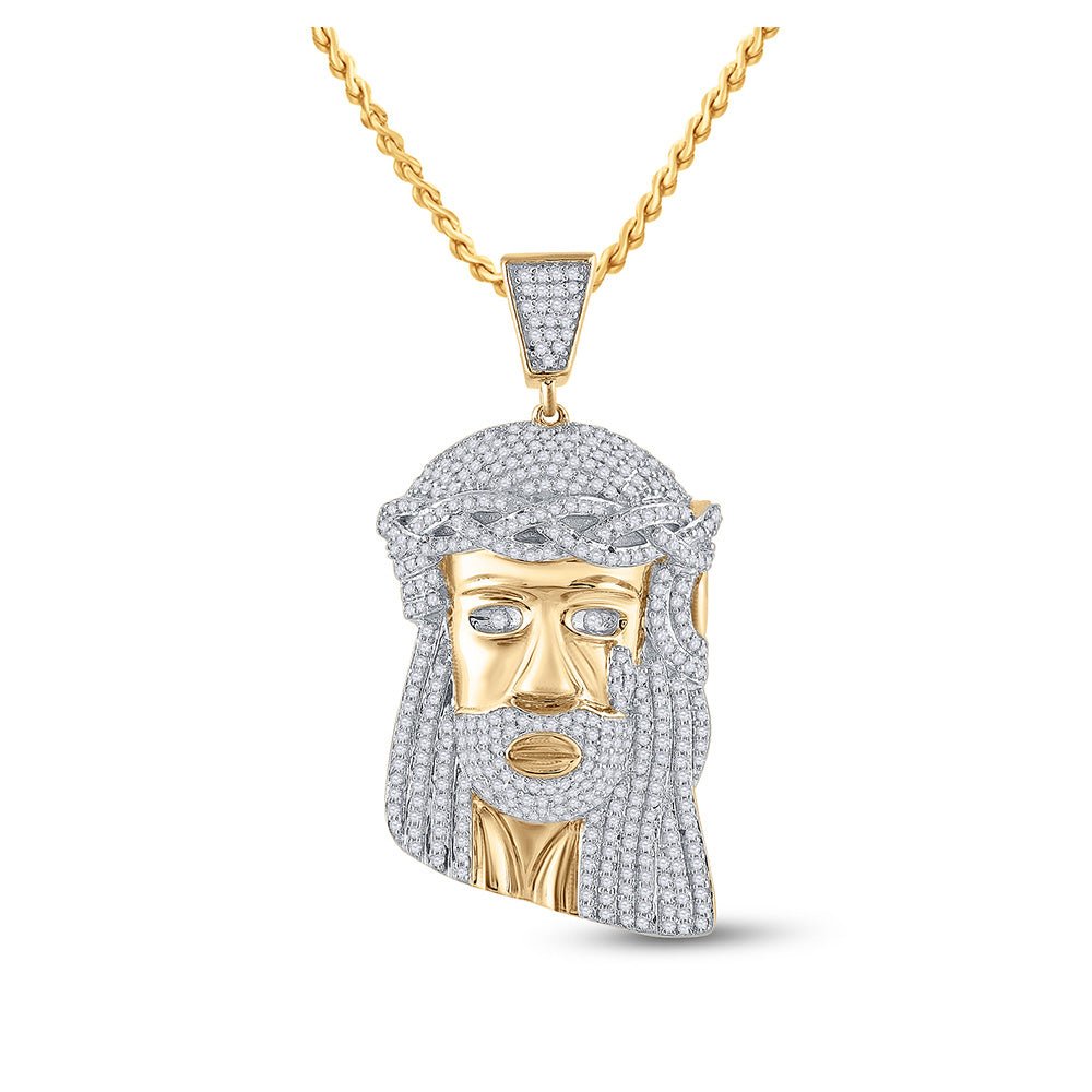 Men's Diamond Charm Pendant | 10kt Yellow Gold Mens Round Diamond Jesus Face Charm Pendant 1-1/3 Cttw | Splendid Jewellery GND