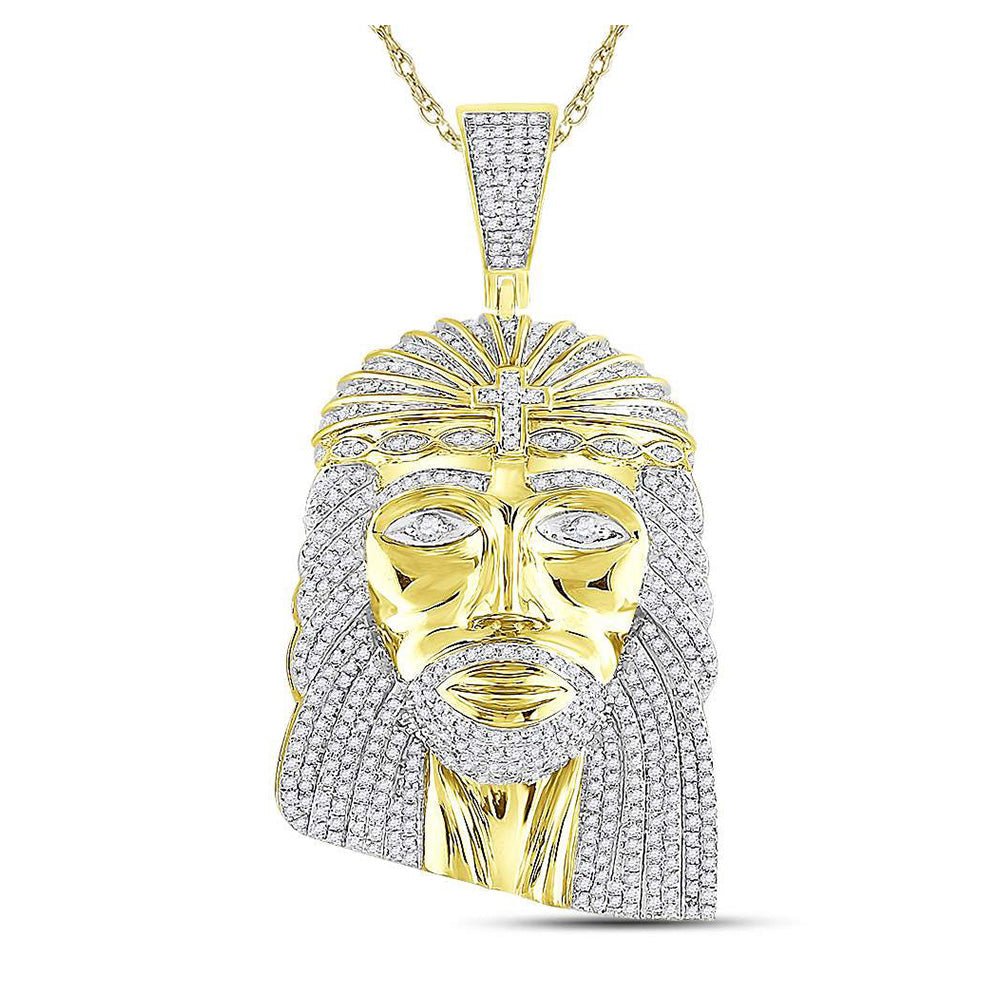 Men's Diamond Charm Pendant | 10kt Yellow Gold Mens Round Diamond Jesus Face Charm Pendant 1-1/4 Cttw | Splendid Jewellery GND