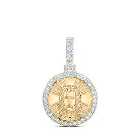 10kt Yellow Gold Men's Round Diamond Jesus Face Circle Charm Pendant 3/4 Cttw - The Divine Brilliance Pendant product  Top View from Splendid Jewellery