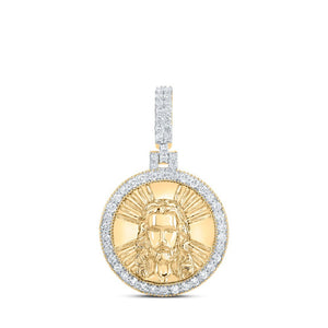 Men's Diamond Charm Pendant | 10kt Yellow Gold Mens Round Diamond Jesus Face Circle Charm Pendant 3/4 Cttw | Splendid Jewellery GND