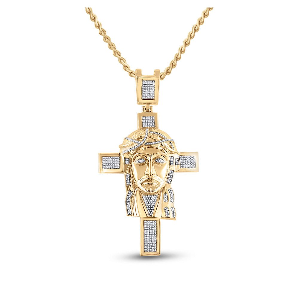 Men's Diamond Charm Pendant | 10kt Yellow Gold Mens Round Diamond Jesus Face Cross Charm Pendant 1-1/4 Cttw | Splendid Jewellery GND