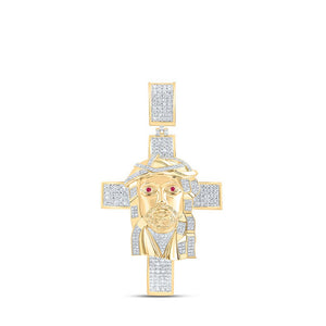 Men's Diamond Charm Pendant | 10kt Yellow Gold Mens Round Diamond Jesus Face Cross Charm Pendant 1 Cttw | Splendid Jewellery GND