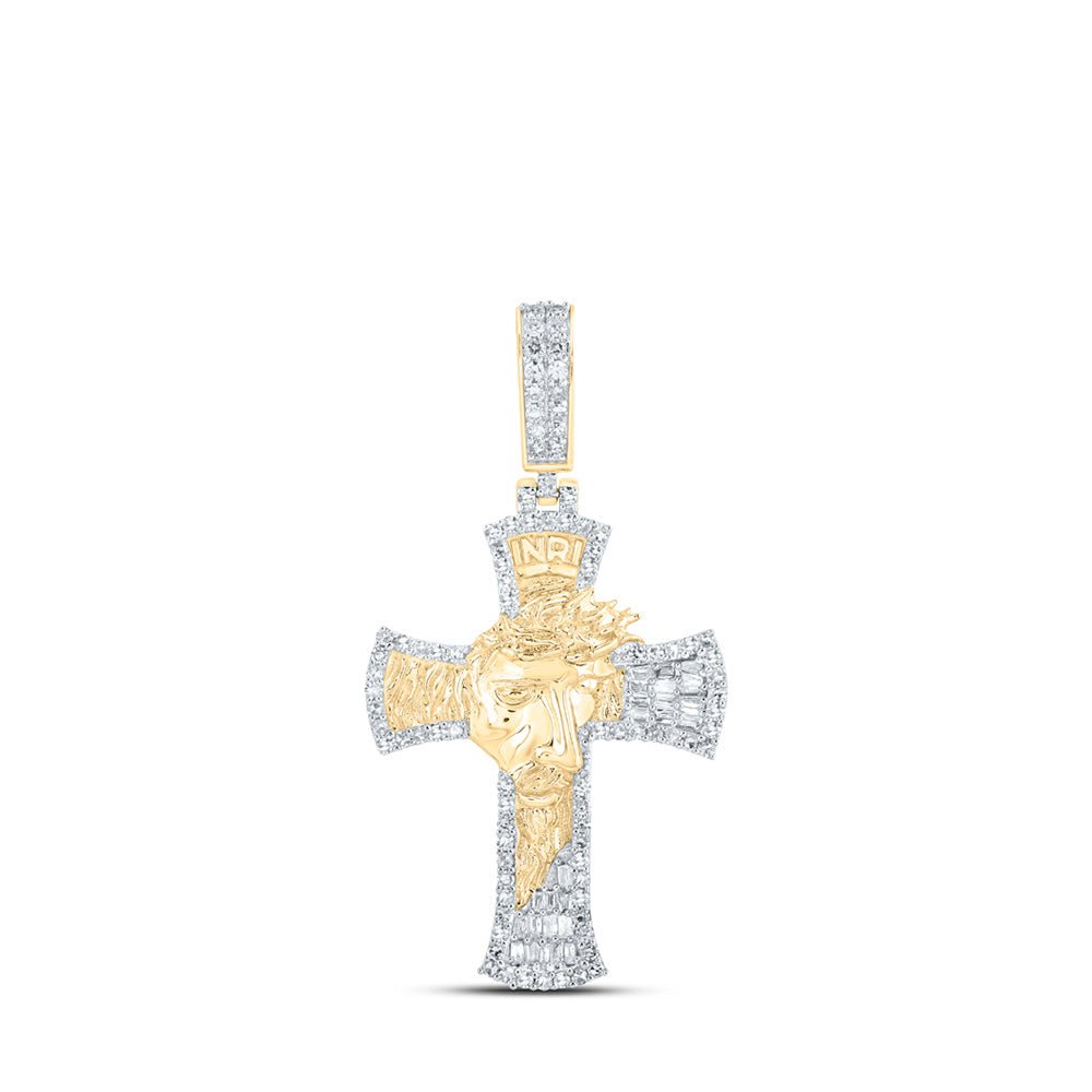 Men's Diamond Charm Pendant | 10kt Yellow Gold Mens Round Diamond Jesus Face Cross Charm Pendant 3/4 Cttw | Splendid Jewellery GND