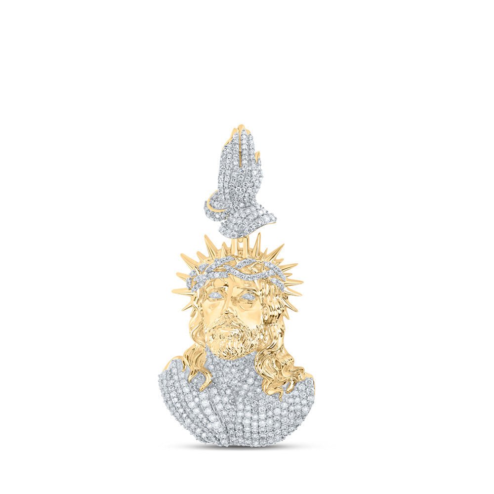 Men's Diamond Charm Pendant | 10kt Yellow Gold Mens Round Diamond Jesus Prayer Hands Charm Pendant 4 Cttw | Splendid Jewellery GND