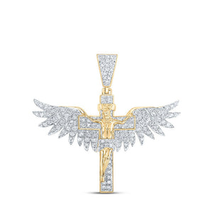 Men's Diamond Charm Pendant | 10kt Yellow Gold Mens Round Diamond Jesus Wings Cross Charm Pendant 1 Cttw | Splendid Jewellery GND