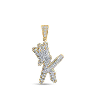 Men's Diamond Charm Pendant | 10kt Yellow Gold Mens Round Diamond K Crown Letter Charm Pendant 1-1/5 Cttw | Splendid Jewellery GND