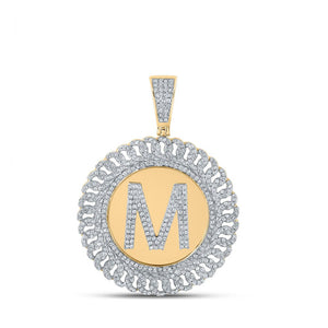 Men's Diamond Charm Pendant | 10kt Yellow Gold Mens Round Diamond Letter M Circle Charm Pendant 1-1/3 Cttw | Splendid Jewellery GND