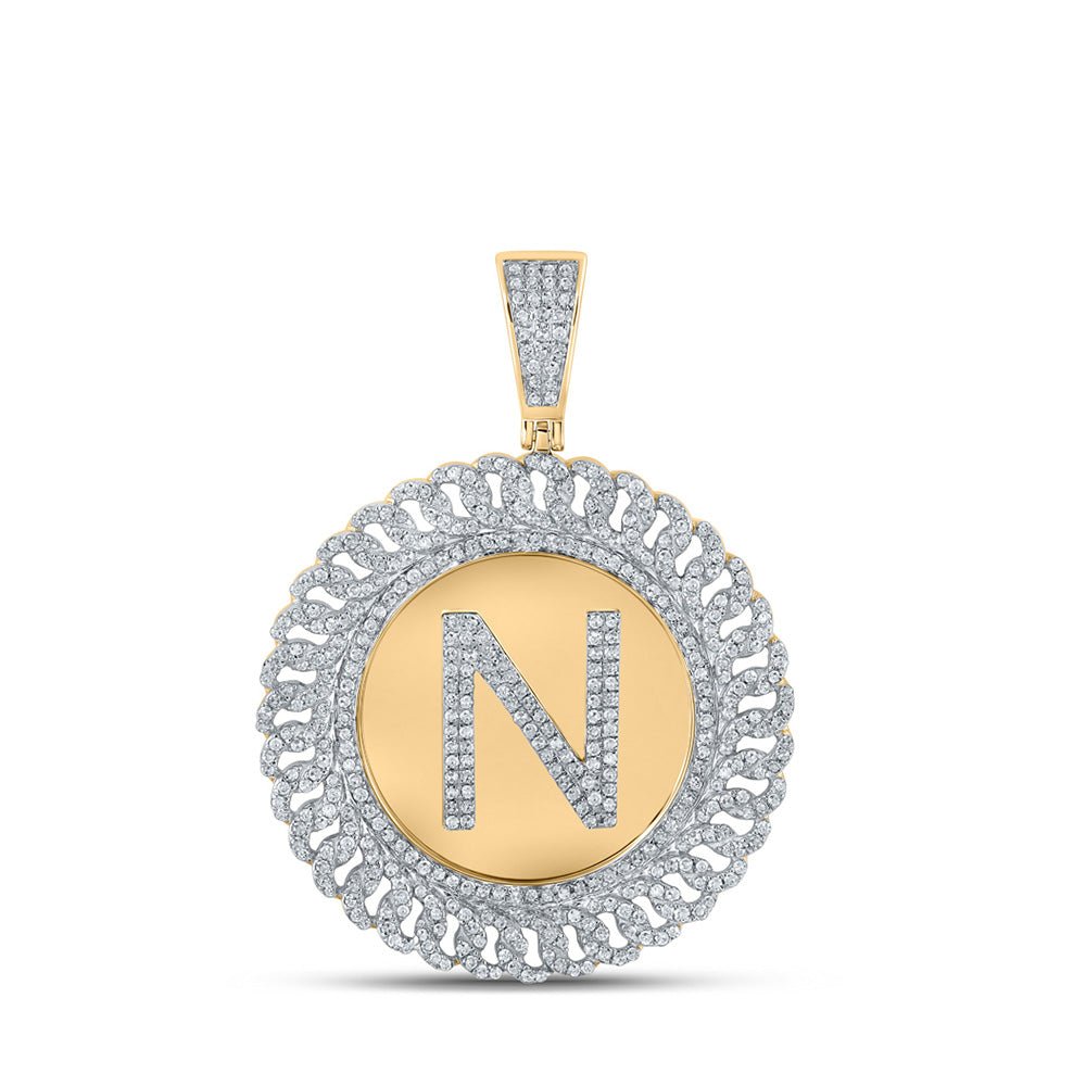 Men's Diamond Charm Pendant | 10kt Yellow Gold Mens Round Diamond Letter N Circle Charm Pendant 1-1/4 Cttw | Splendid Jewellery GND