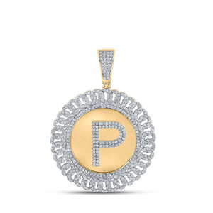 Men's Diamond Charm Pendant | 10kt Yellow Gold Mens Round Diamond Letter P Circle Charm Pendant 1-1/4 Cttw | Splendid Jewellery GND