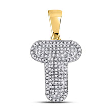 Load image into Gallery viewer, 10kt Yellow Gold Men&#39;s Round Diamond Letter T Bubble Initial Charm Pendant - 3/8 Cttw product  Top View from Splendid Jewellery