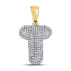 10kt Yellow Gold Men's Round Diamond Letter T Bubble Initial Charm Pendant - 3/8 Cttw product  Top View from Splendid Jewellery