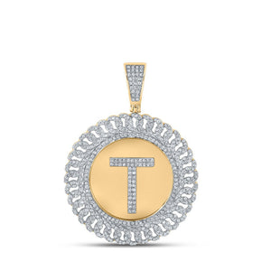 Men's Diamond Charm Pendant | 10kt Yellow Gold Mens Round Diamond Letter T Circle Charm Pendant 1-1/5 Cttw | Splendid Jewellery GND