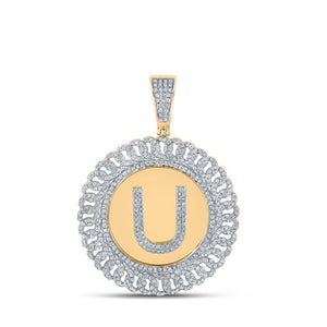 Men's Diamond Charm Pendant | 10kt Yellow Gold Mens Round Diamond Letter U Circle Charm Pendant 1-1/5 Cttw | Splendid Jewellery GND