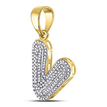 Load image into Gallery viewer, 10kt Yellow Gold Men&#39;s Round Diamond Letter V Bubble Initial Charm Pendant 3/8 Cttw | Splendid Jewellery product Side View from Splendid Jewellery