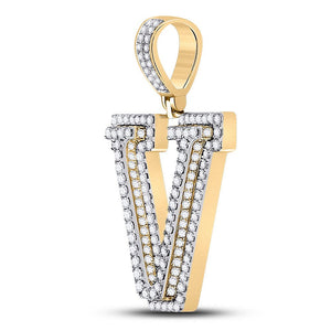 Men's Diamond Charm Pendant | 10kt Yellow Gold Mens Round Diamond Letter V Charm Pendant 1-3/4 Cttw | Splendid Jewellery GND