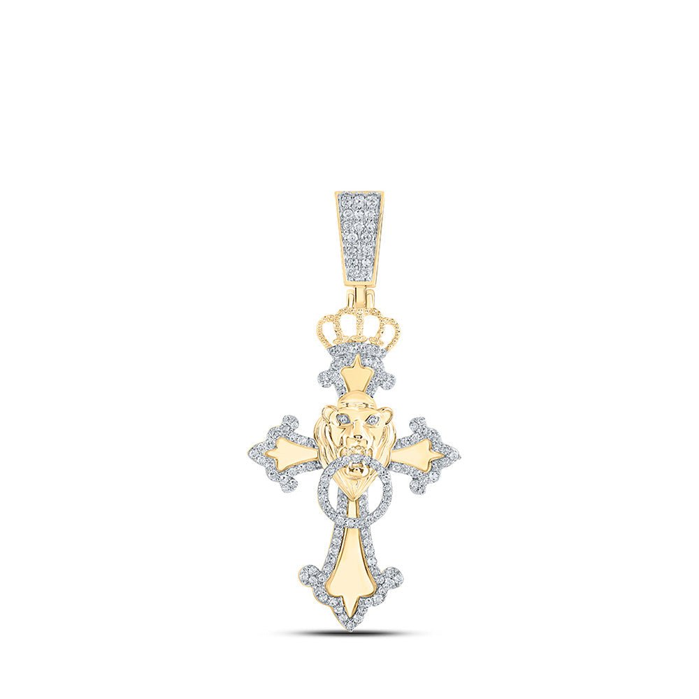Men's Diamond Charm Pendant | 10kt Yellow Gold Mens Round Diamond Lion Cross Charm Pendant 5/8 Cttw | Splendid Jewellery GND